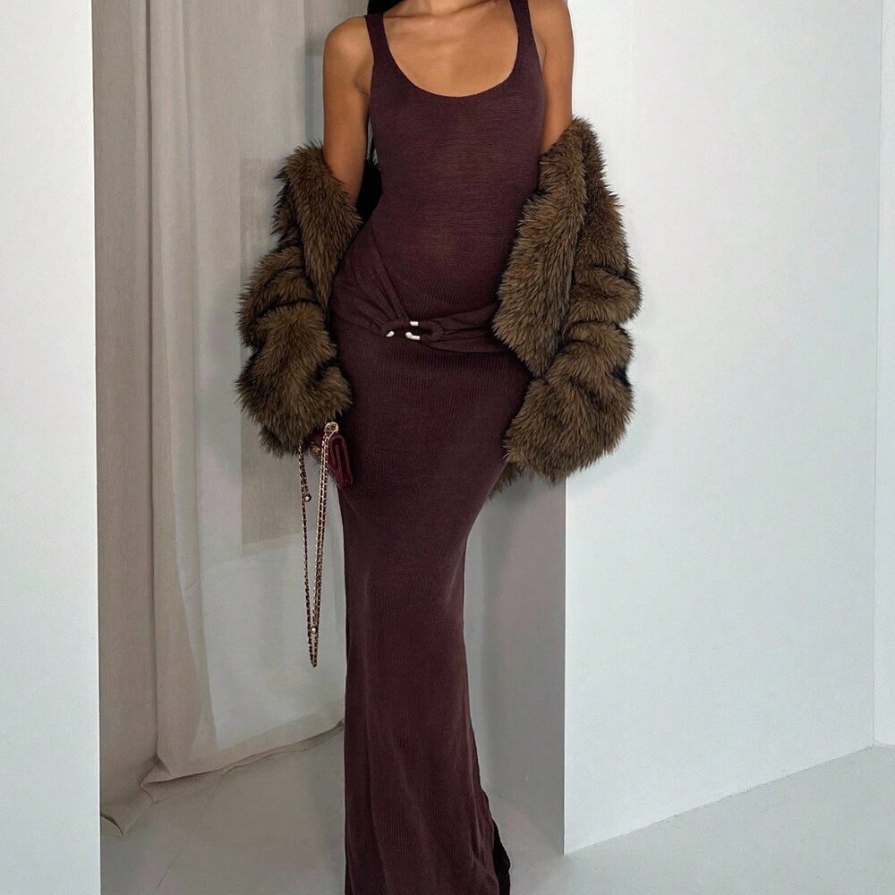 Chocolate Brown Party Women's Elegant Midi Tank Dress